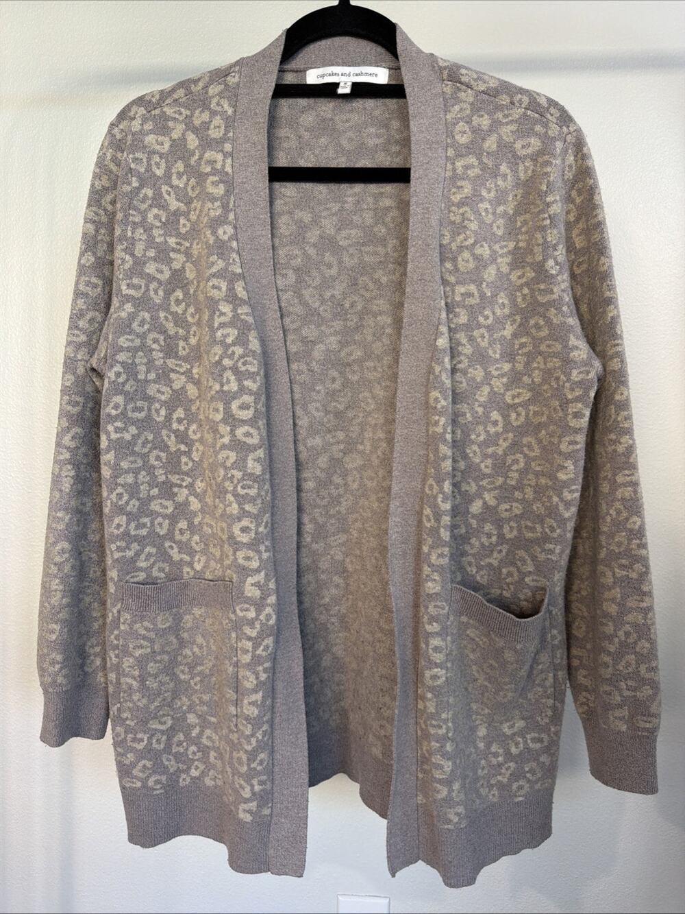 Cupcakes and Cashmere Leopard Print Open Front Longline Cardigan Sweater Tan S